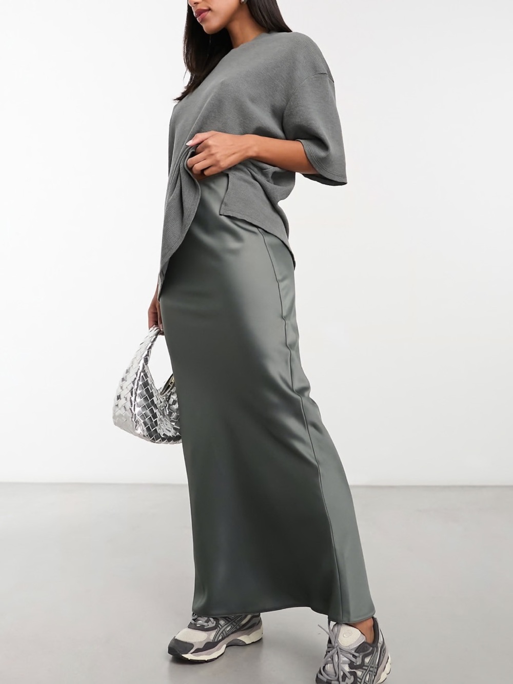 ASOS Satin Maxi Slip Skirt in gunmetal gray